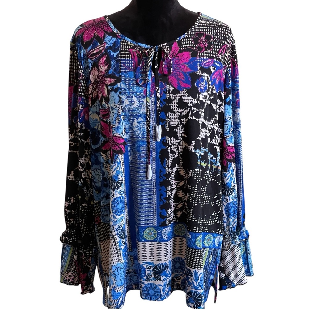 SUSAN GRAVER LIQUID KNIT FLORAL PATCHWORK TUNIC TOP SZ XLG NWOTS